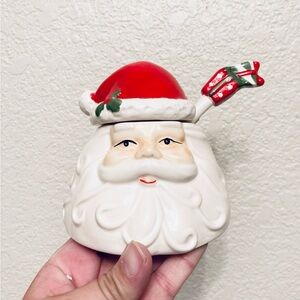 Hand Painted Ceramic Santa Christmas sugar bowl with lid and spoon Xmas decor